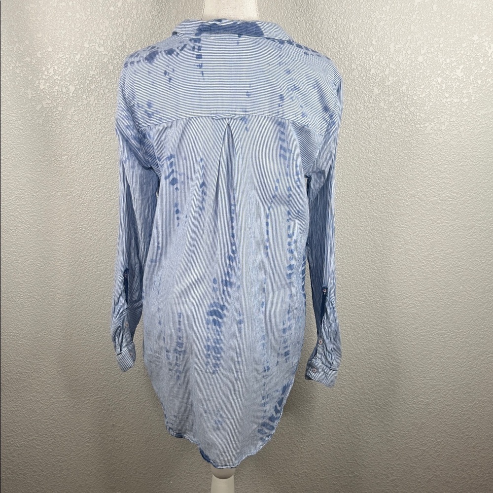 Heihei Blue & White Stripe Blotch Print Button Up Long Sleeve Top Size Medium - Picture 6 of 8